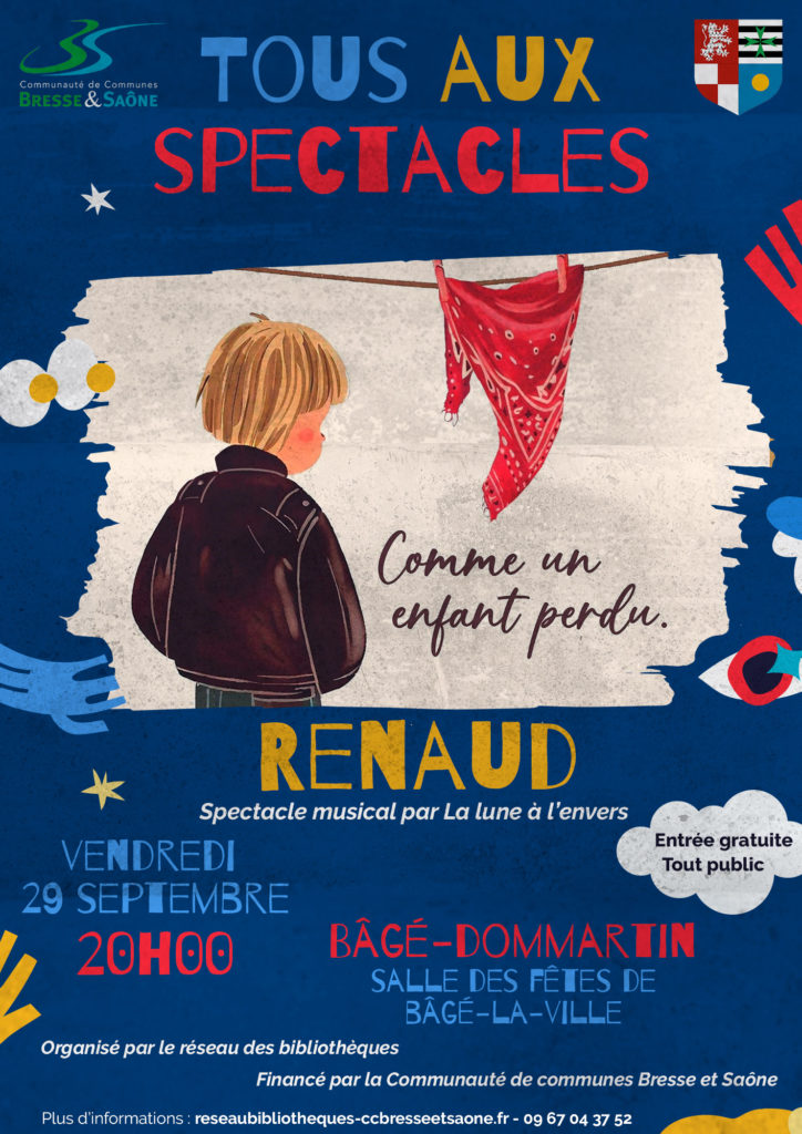 Affiche Tous aux spectacles bibliothèque Bâgé-Dommartin Renaud
