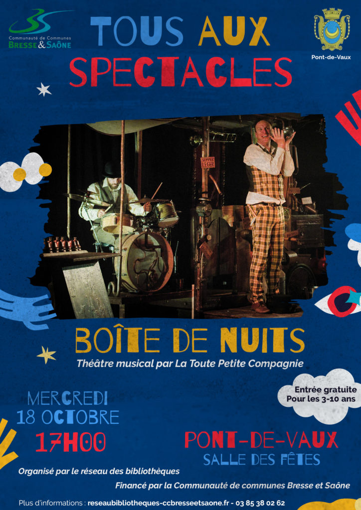 Affiche Tous aux spectacles bibliothèque Pont-de-Vaux théâtre musical Boite de nuits