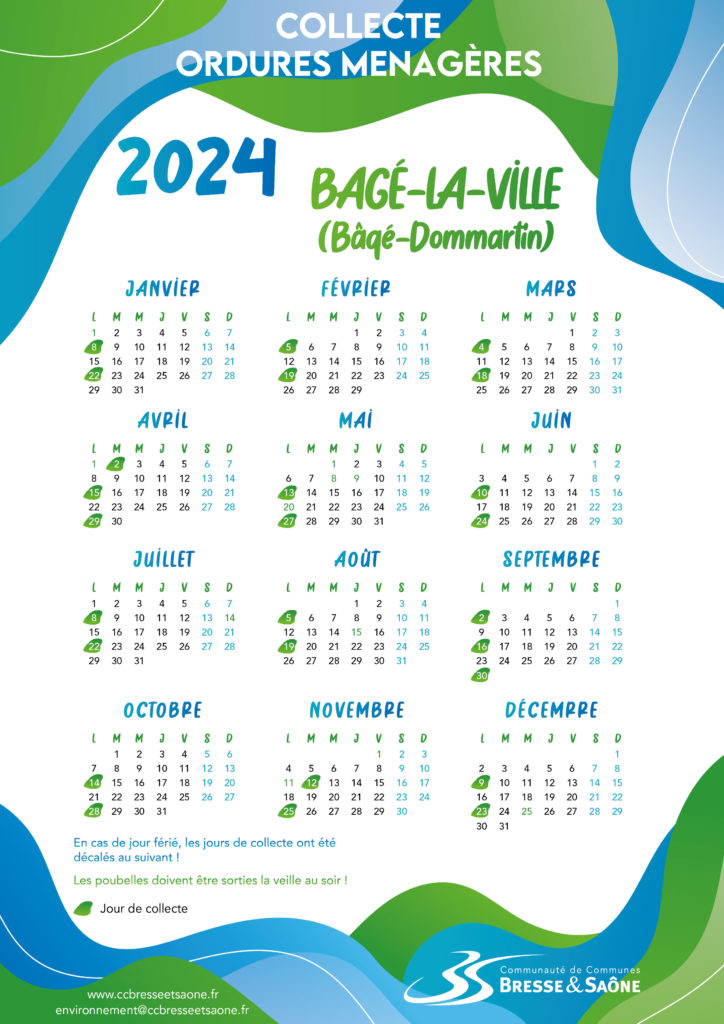 Calendrier collecte ordures ménagères Communauté de communes Bresse et Saône Bâgé-la-Ville