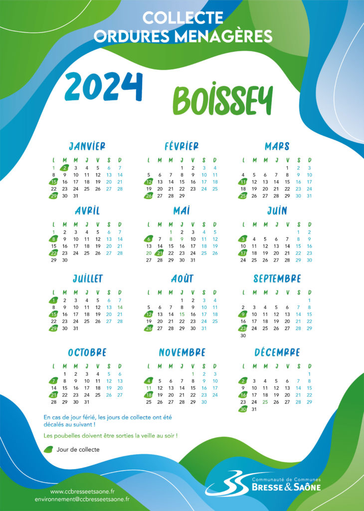 Calendrier collecte ordures ménagères Communauté de communes Bresse et Saône Boissey