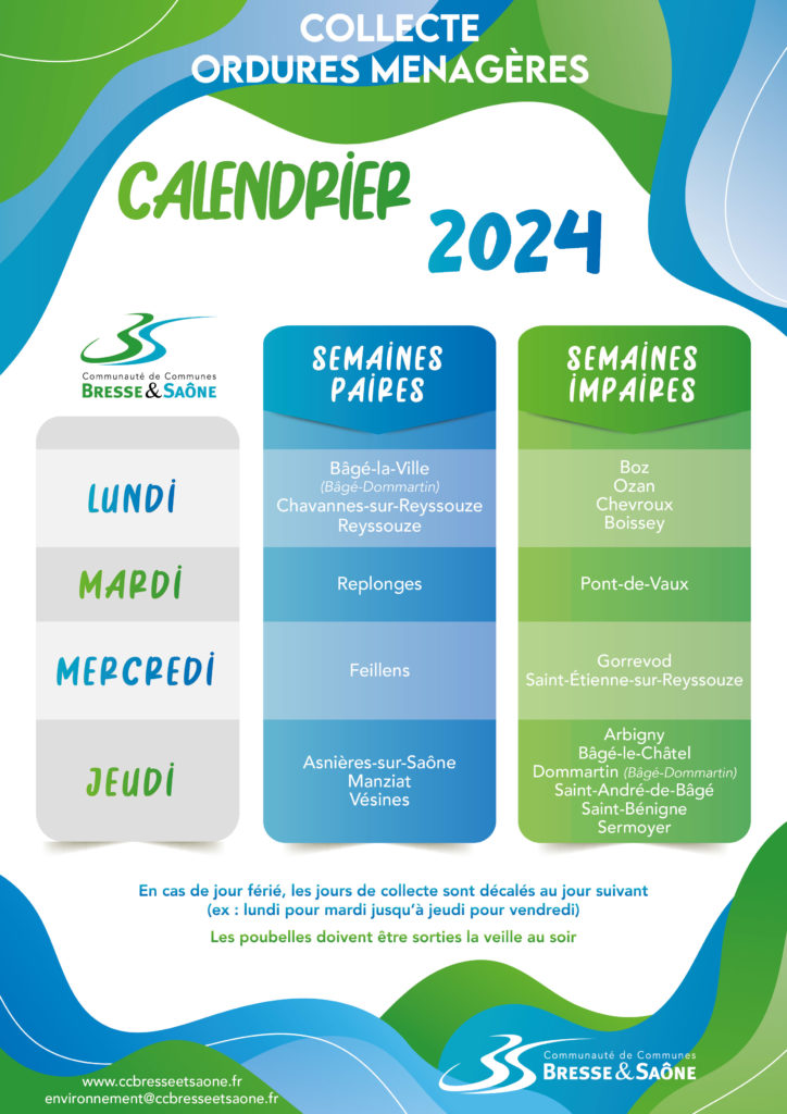 Calendrier collecte ordures ménagères Communauté de communes Bresse et Saône
