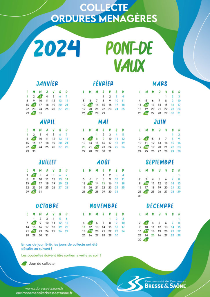 Calendrier collecte ordures ménagères Communauté de communes Bresse et Saône Pont-de-Vaux