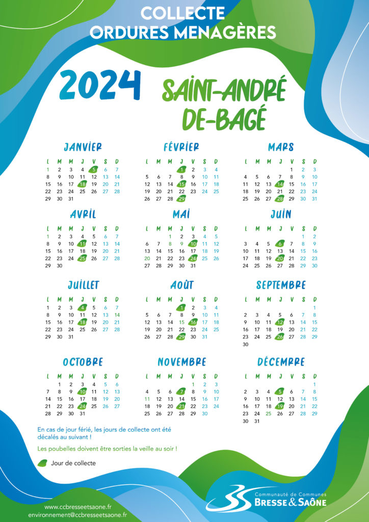 Calendrier collecte ordures ménagères Communauté de communes Bresse et Saône Saint-André-de-Bâgé