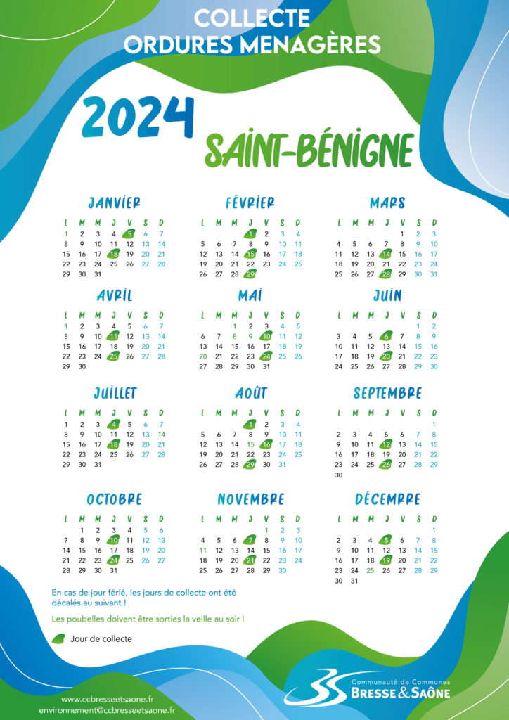 Calendrier collecte ordures ménagères Communauté de communes Bresse et Saône Saint-Bénigne