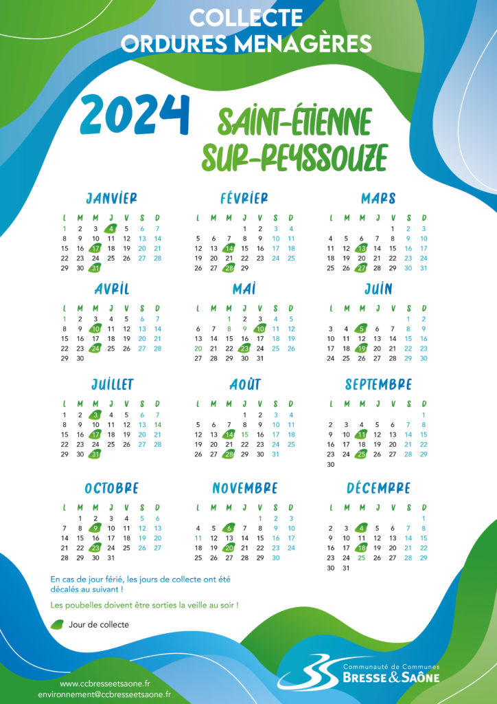 Calendrier collecte ordures ménagères Communauté de communes Bresse et Saône Saint-Etienne-sur-Reyssouze
