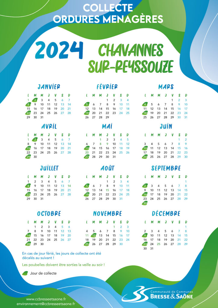 Calendrier collecte ordures ménagères Communauté de communes Bresse et Saône Chavannes-sur-Reyssouze