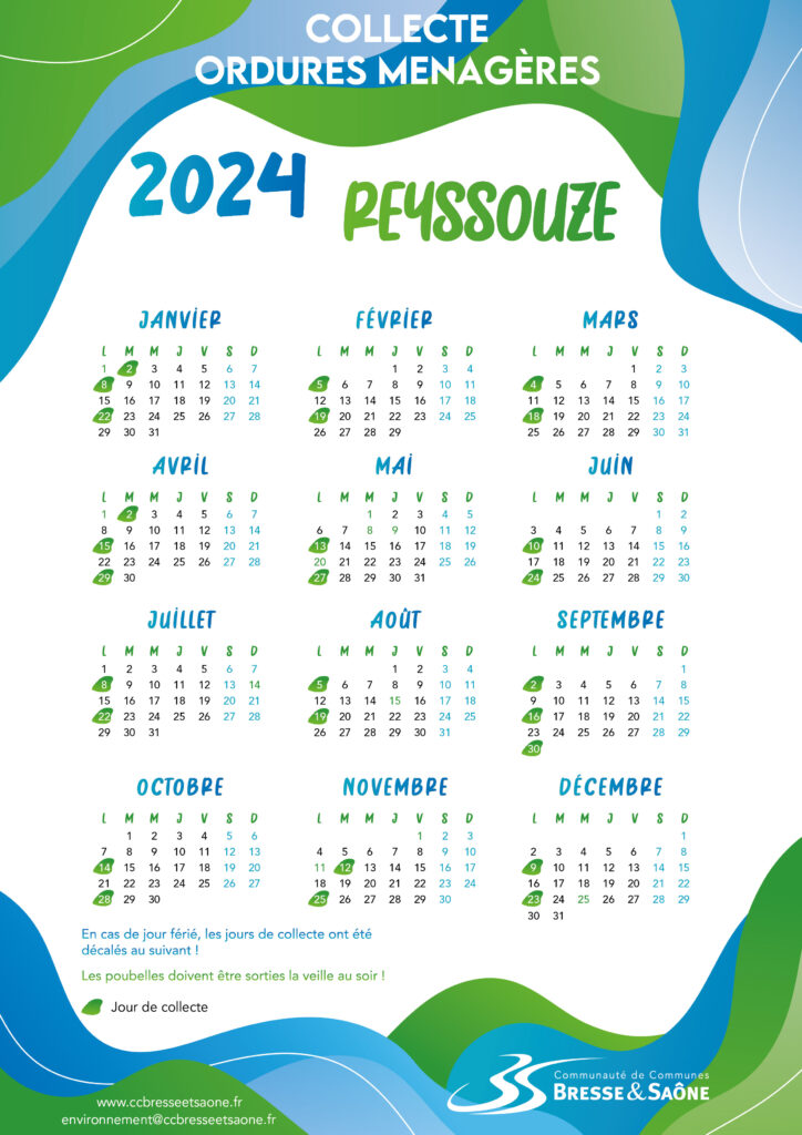 Calendrier collecte ordures ménagères Communauté de communes Bresse et Saône Reyssouze