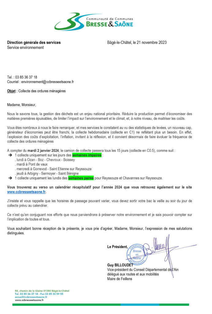Courrier changement de fréquence collecte ordures ménagères